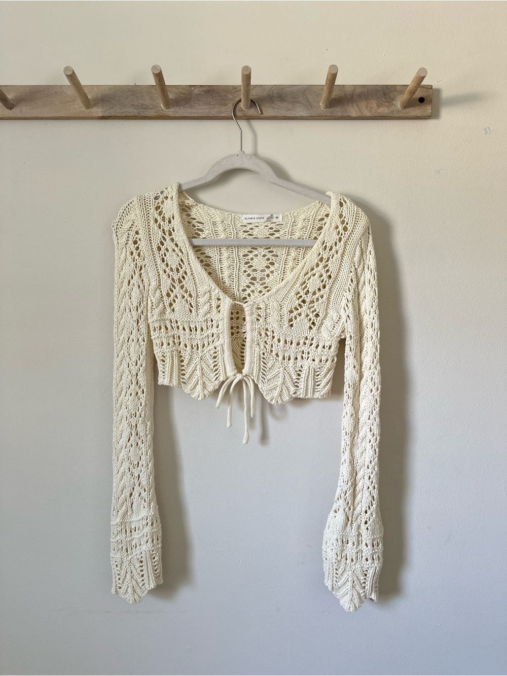 Boho Crochet 100% Cotton Knit Top Sweater Cardigan in Cream Size XS